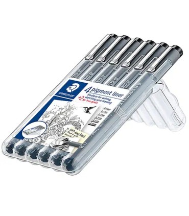 Set 6 pigment linere negre Staedtler mărimi între 0,05 - 0,8 mm