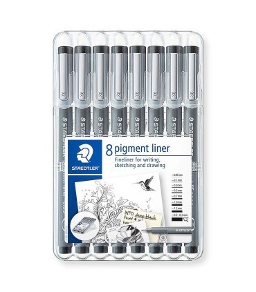 Set of 8 Staedtler black pigment liners, sizes between 0.05-2 mm