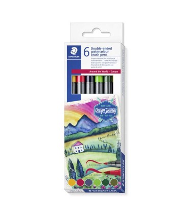 Set of 6 double watercolor pencils with brush tip, Staedtler, assorted colors 3001-C6-1 Europe