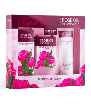 Travel gift set: anti-aging day cream, soap, shower gel, Regina Roses