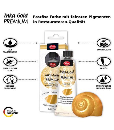 Vopsea metalică efect intens, suprafețe absorbante Inka-Gold Premium, VIVA DECOR, 40g
