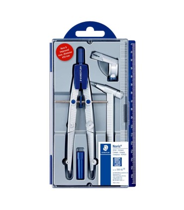Compas metalic cu extensie, adaptor de creion, set mine, cutie cu riglă, Staedtler, 550-02